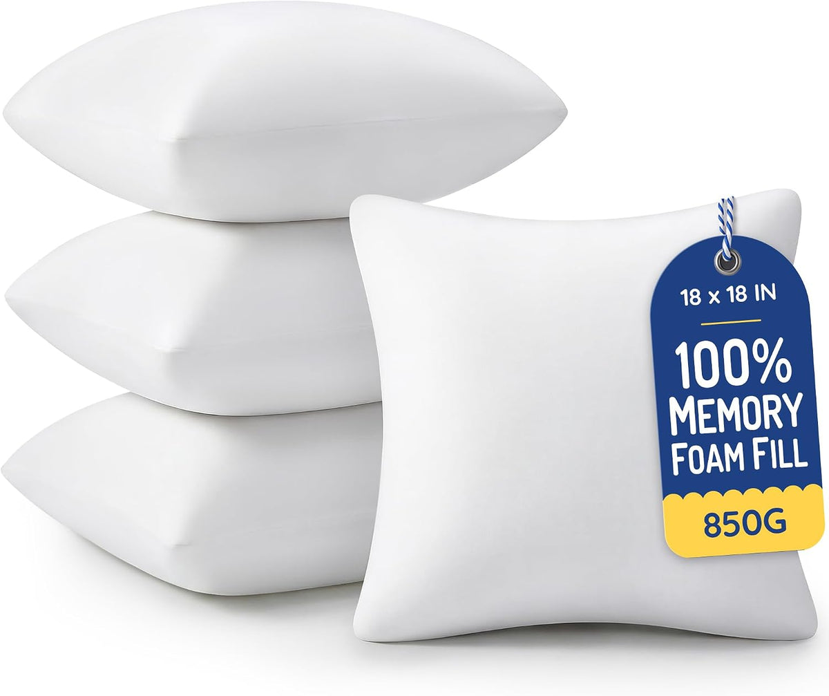 AM AEROMAX 18x18 Memory Foam Throw Pillow Inserts, 4 Pack, Square, White
