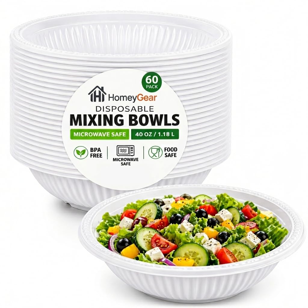 Disposable Plastic Mixing Bowls, 20 Pack, 40 oz Large Heavy Duty Bowls, Microwave Safe, BPA Free, Durable for Mixing, Meal Prep, Salad, Baking & Food Prep (20)