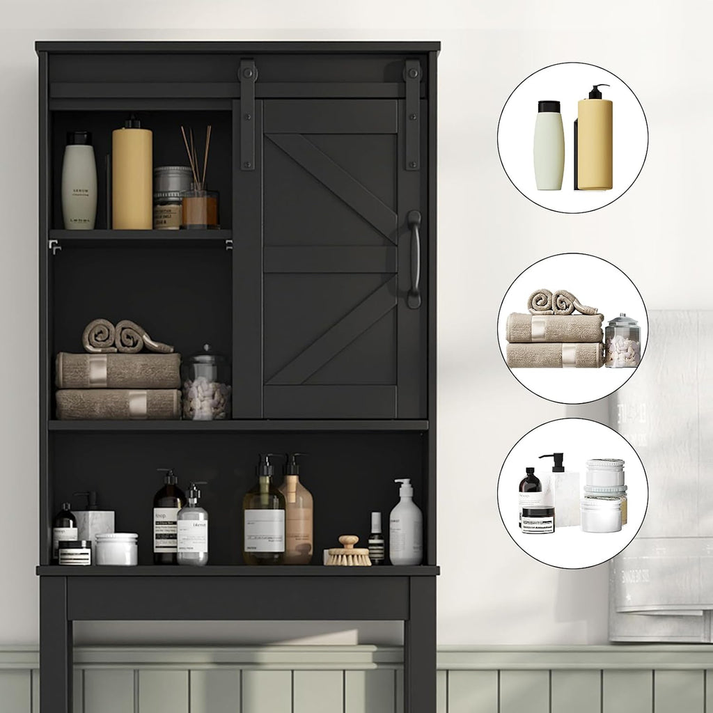 Over The Toilet Storage Cabinet, Bathroom Organizer with Adjustable Shelves and Anti-Tip Device, Space-Saving Storage Solution, Black