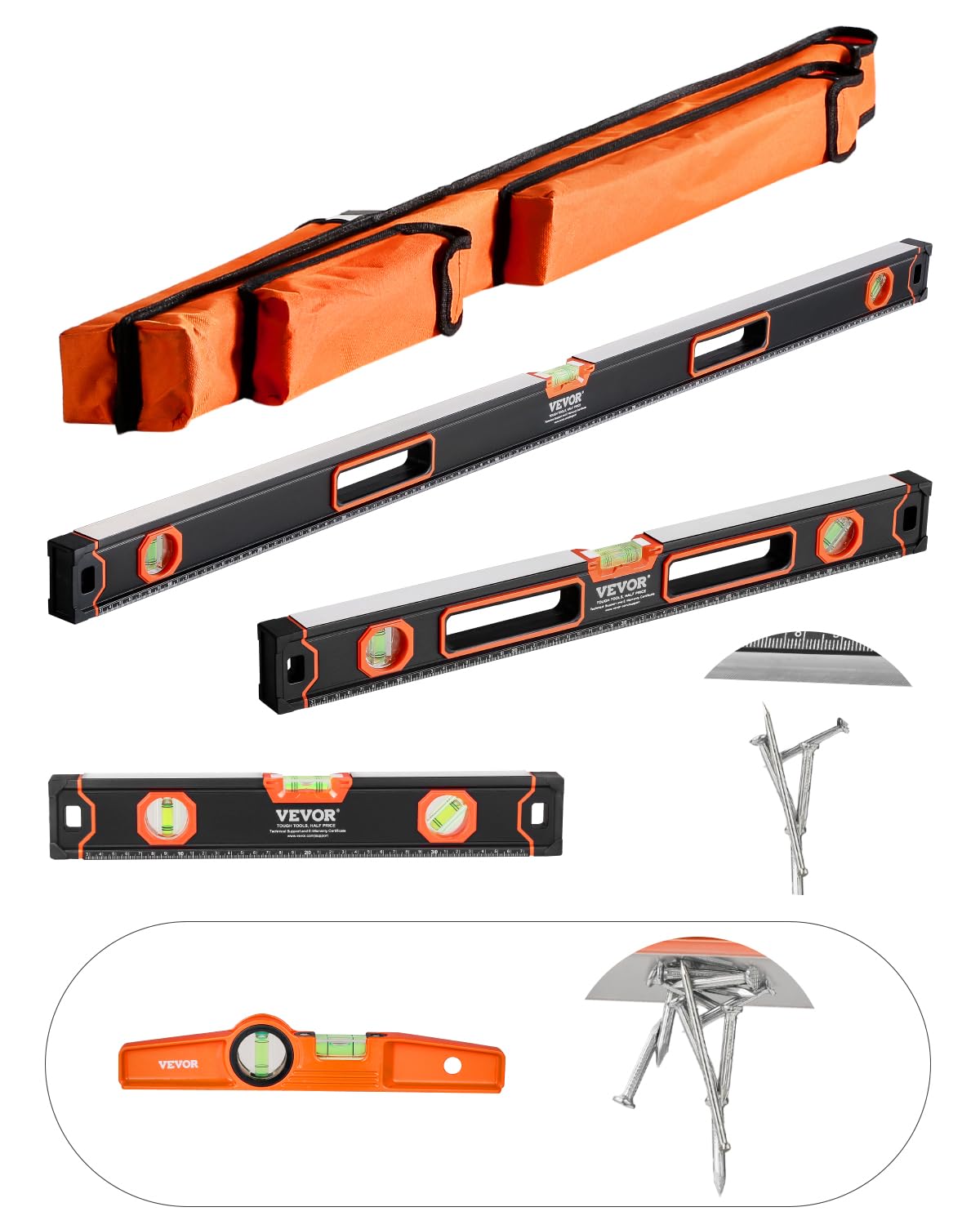 VEVOR 6-Piece Torpedo Level, 78/48/32/24/16/10 Inch All Magnetic Levels Set, Bubble Vials Ruler for 45/90/180 Degree, Aluminum Alloy Magnetic Box Leveler Tool, Shock-Resistance, SAE and Metric Scale