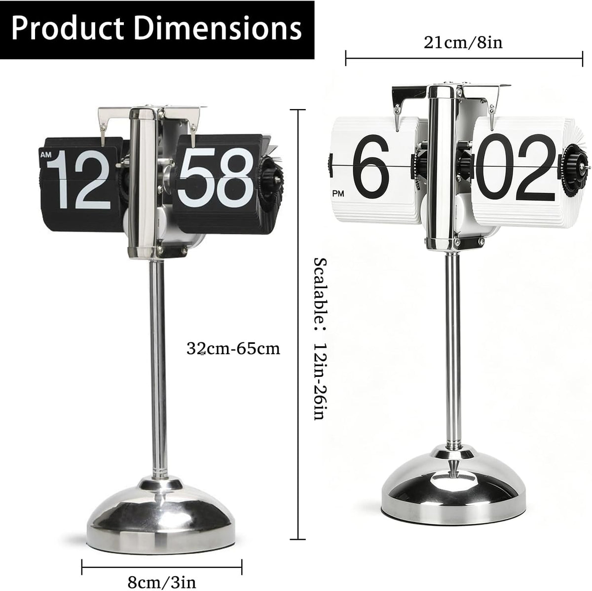 Retro Flip Clock,Auto Flip Clock, Metal Stand, Battery Powered, (Extended Length 32~65CM) for Living Room and Office Decor (Retractable Black)