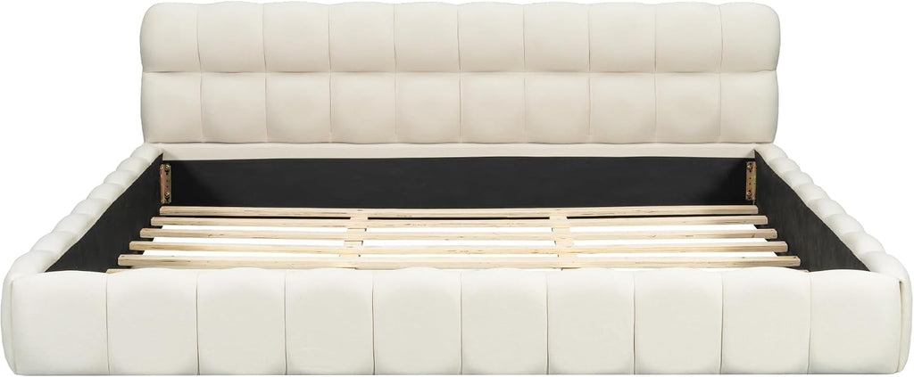 Grounded Bed Upholstered Platform Bed with Unique Design Thick Fabric Headboard, Wood Platform Bed Frame for Kids Adults Bedroom Furniture, Upholstered Floor Bed (Beige-1, King)