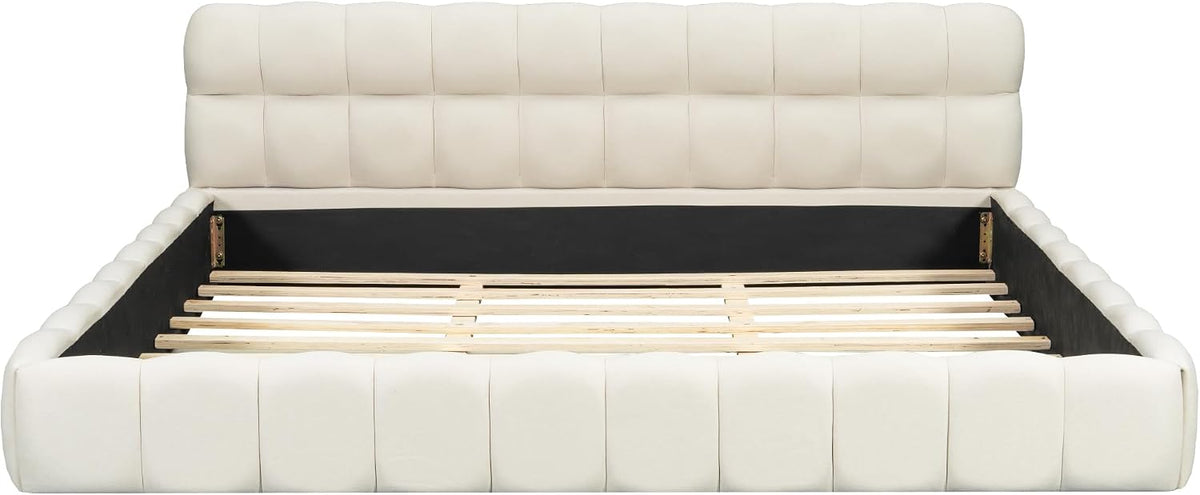 Grounded Bed Upholstered Platform Bed with Unique Design Thick Fabric Headboard, Wood Platform Bed Frame for Kids Adults Bedroom Furniture, Upholstered Floor Bed (Beige-1, King)