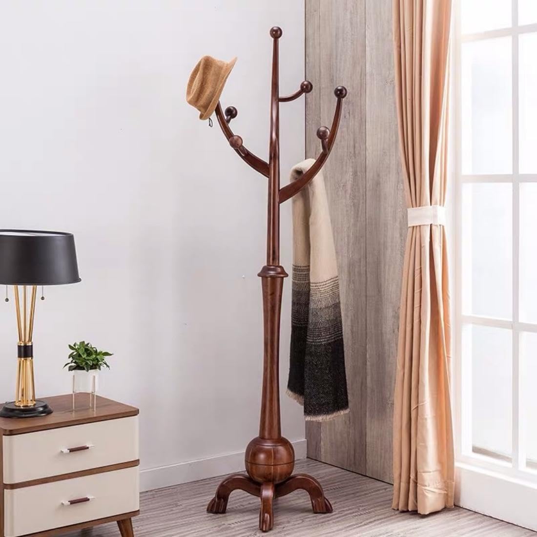 Freestanding Coat Rack with 8 Hooks, 70 Inch Floor Coat Tree Wooden Clothes Rack Tree-shaped Clothing Organizer Walnut for Entrance Living Room Bedroom