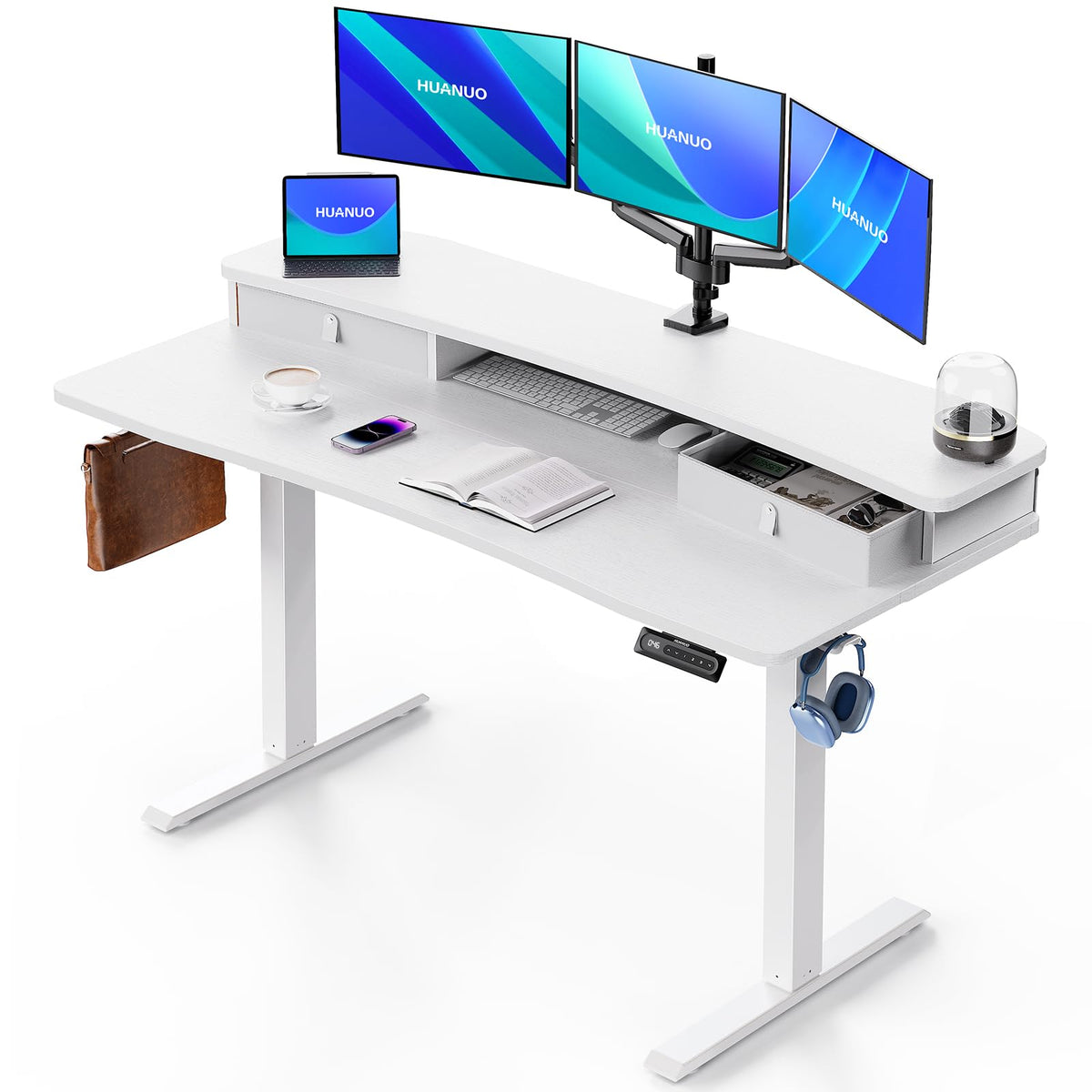 HUANUO 48″ x 28″ Electric Standing Desk with 2 Drawers, C-Clamp Mount Compatible, Height Adjustable Computer Desk, Home Office Stand Up Desk with 4 Preset Heights & 2 Hooks, Black