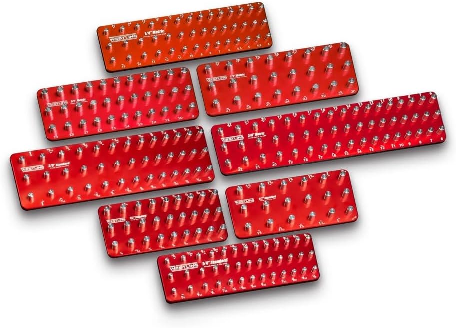 Westling USA Premium Aluminum Professional 8 Piece Socket Tray/Organizer Set, Holds 273 Standard and Metric Sockets (Red/Red, 3 Row)