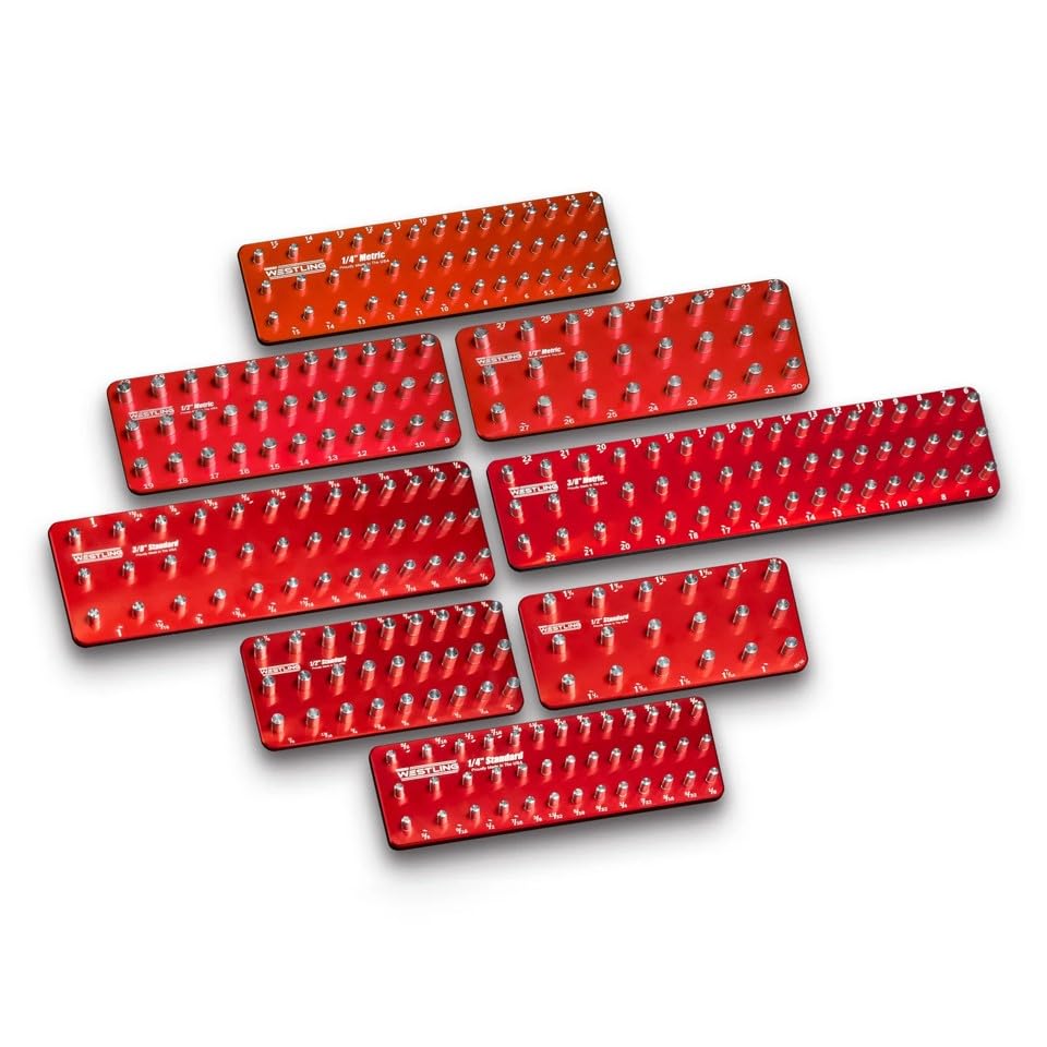 Westling USA Premium Aluminum Starter 8 Piece Socket Tray/Organizer Set, Holds 152 Standard and Metric Sockets (Red/Red, 2 Row)