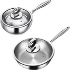 Titanium Cookware Set, 11'' Titanium Pans for Cooking, 9.45'' Soup Wok with Lid, Titanium Hammered Chef-Grade Design,PFAS/PFOA/PTFE-Free, Induction & Oven-Safe, Dishwasher Safe,Pan soup wok,11