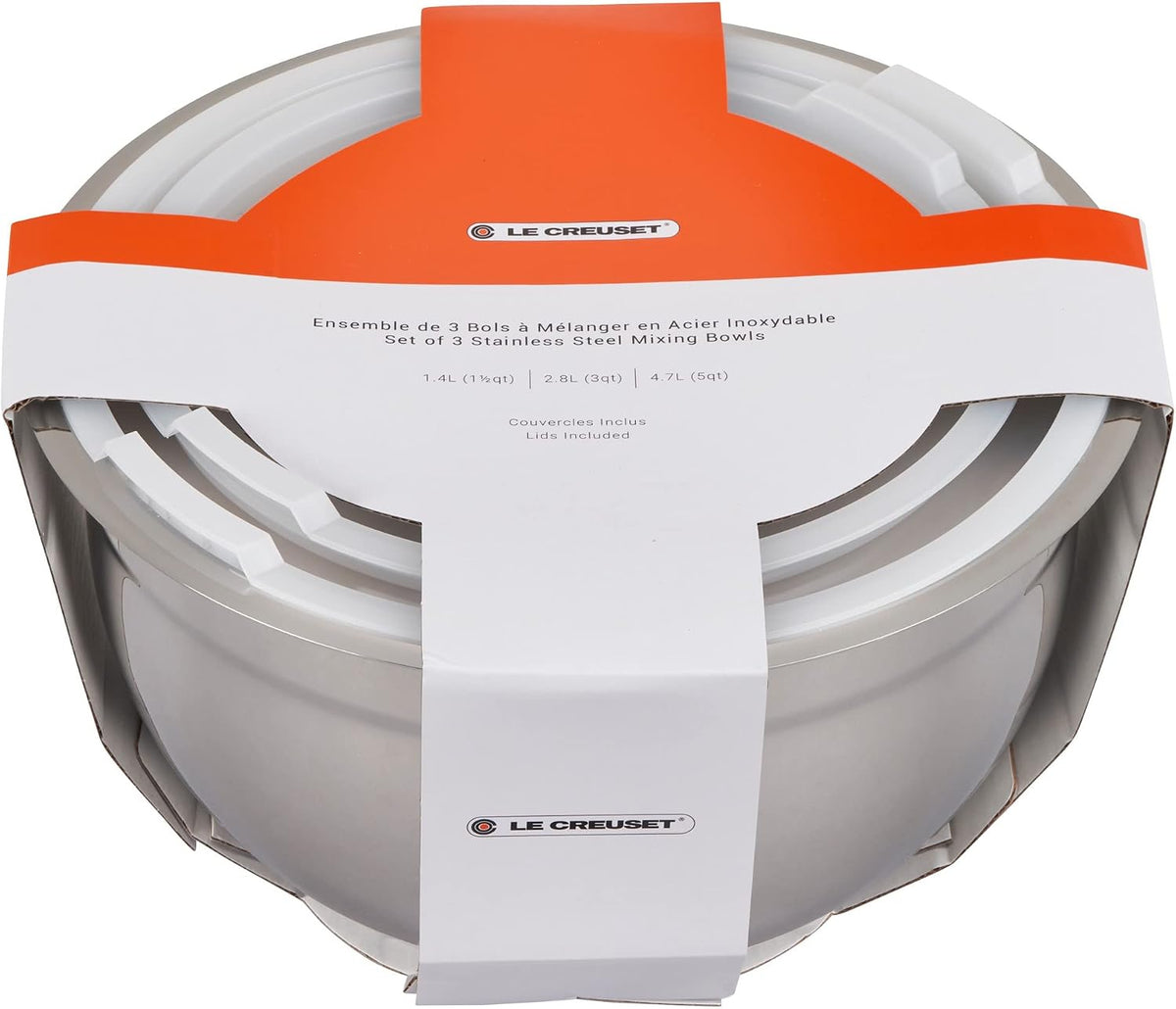 Le Creuset Stainless Steel Nested Mixing Bowls with Plastic Lids, Set of 3