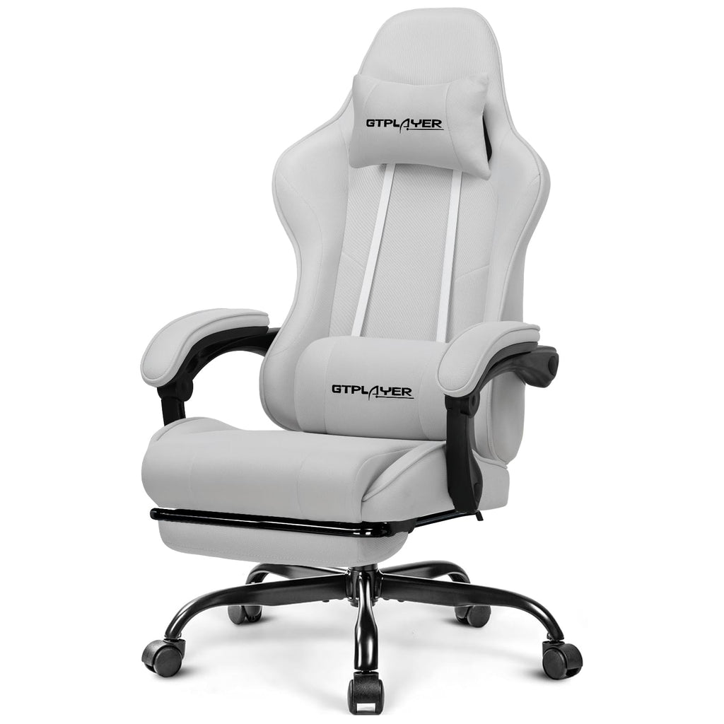 GTPLAYER Gaming Chair, Computer Chair with Footrest and Lumbar Support, Height Adjustable Game Chair with 360°-Swivel Seat and Headrest and for Office or Gaming (Pearl White)