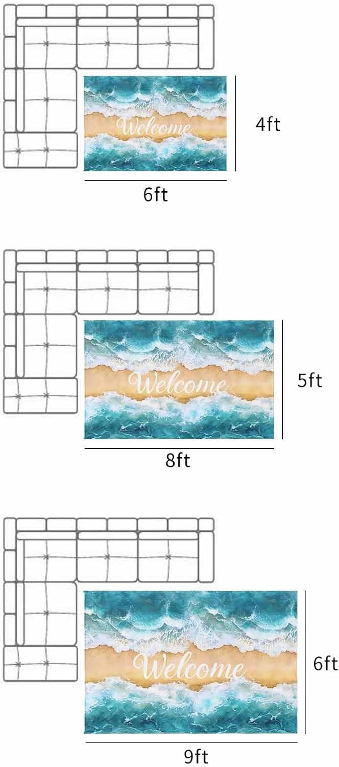 Welcome Summer Beach Outdoor Rug 5x8ft, Waterproof Indoor Outdoor Rug for Patio, Watercolor Ocean Camping Carpet Mat Outside Area Rug for RV Picnic Beach Balcony Deck Backyard