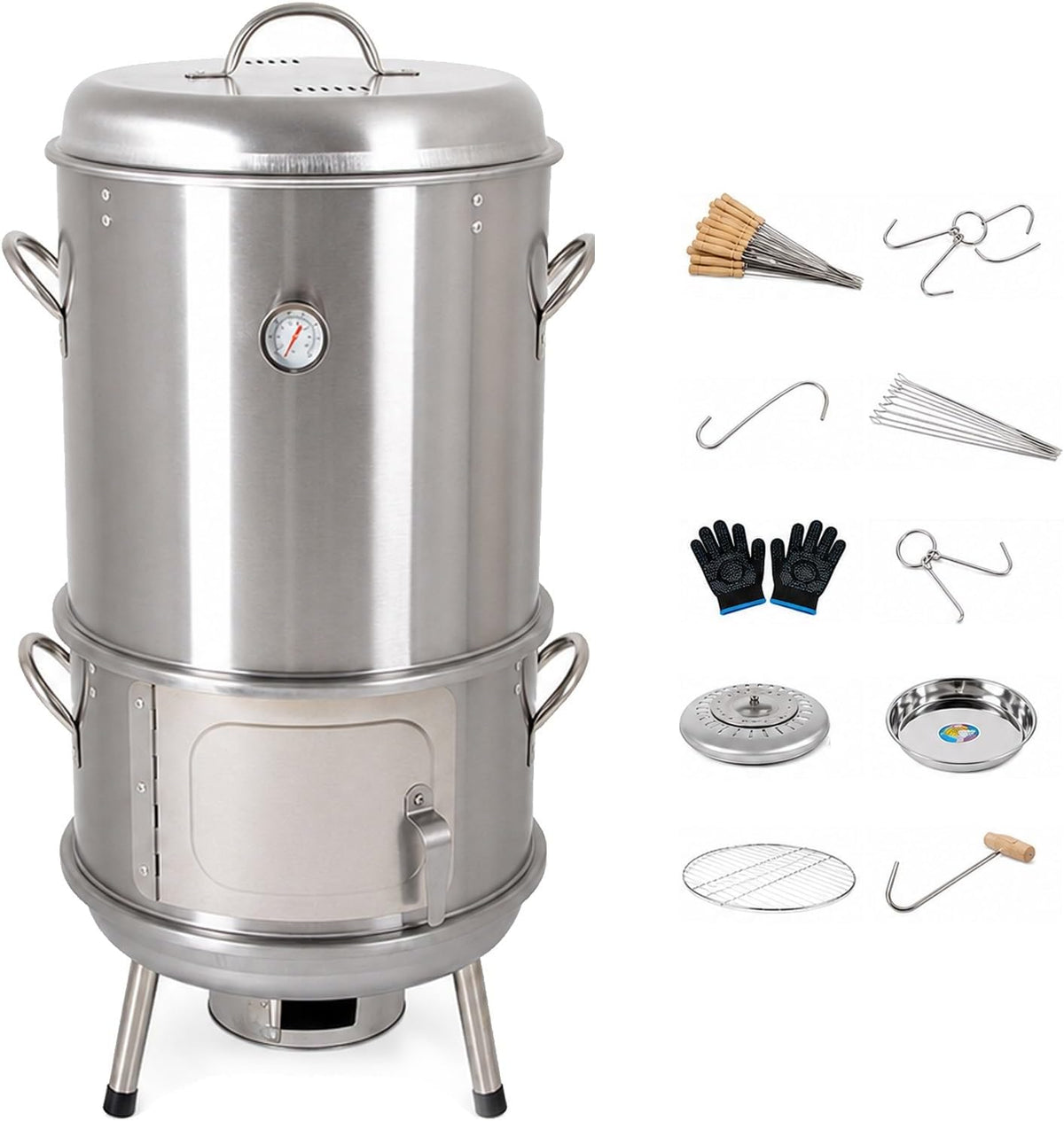 Vertical Smoker Grill Combo 36.6in Stainless Steel Charcoal Meat Smoker with Built-in Thermometer Full Accessories for Outdoor BBQ Camping