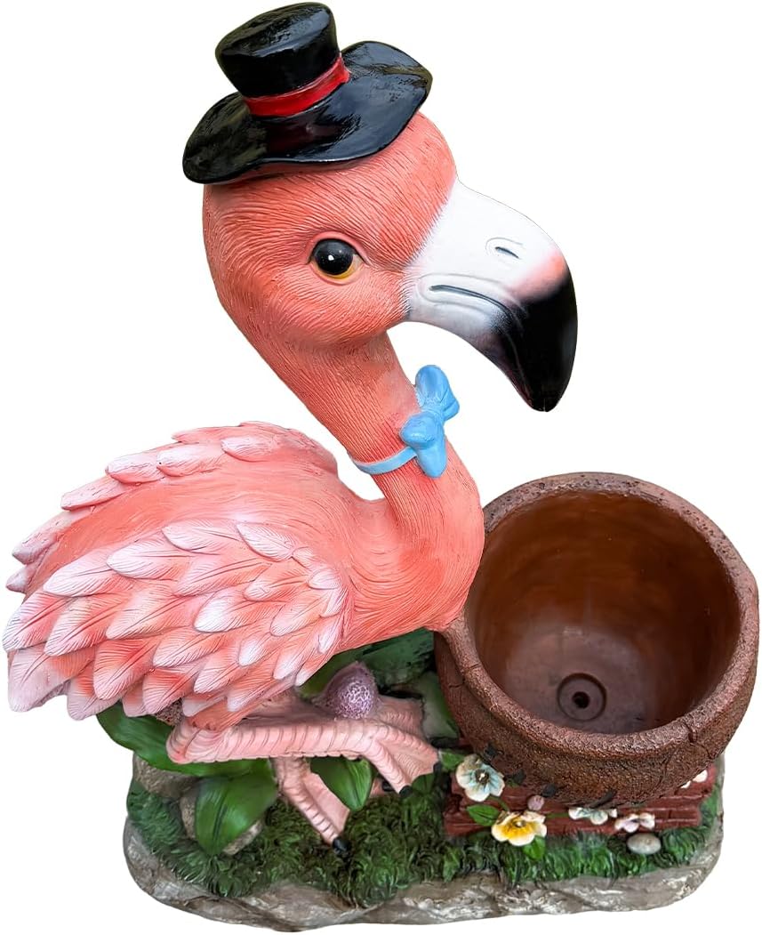 26" Outdoor Garden Sculpture Flamingo Flower Pot Planter with Solar LED Lights, Cute Resin Succulent Pot for Garden, Porch & Home Decor (Pink+Left)