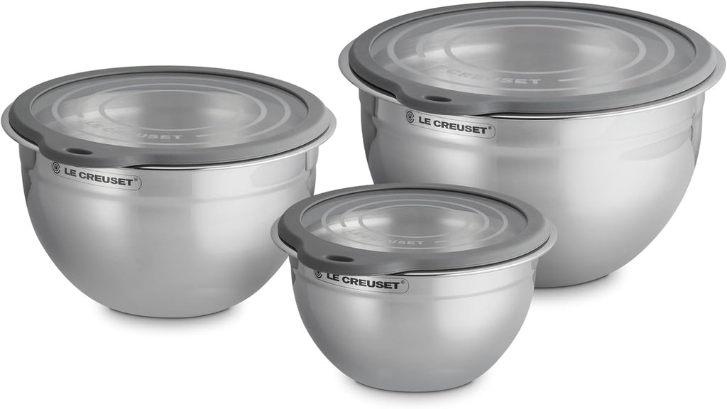 Le Creuset Stainless Steel Mixing Bowls with Glass Lids, Set of 3