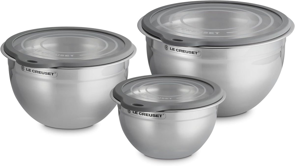 Le Creuset Stainless Steel Mixing Bowls with Glass Lids, Set of 3