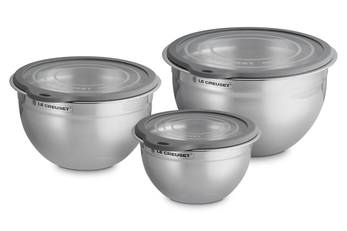 Le Creuset Stainless Steel Mixing Bowls with Glass Lids, Set of 3