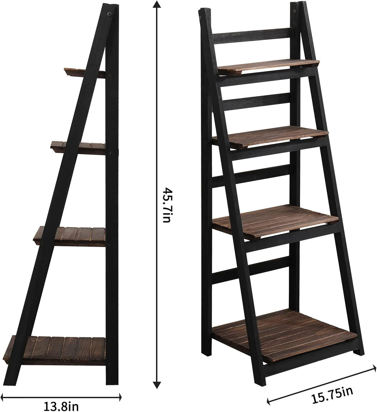 ACEHOME 4 Tier Ladder Shelf, Home Office Ladder Bookshelf 45.7 Inch, Solid Wood Bookcase, Freestanding Storage Organizer Rack, Industrial Shelf with for Bedroom, Living Room, Home Office-Black+Brown