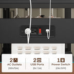 Itaar Bakers Rack with Power Outlet and LED Light, 45.3 Inch Farmhouse Coffee Bar Cabinet, Kitchen Microwave Stand with Storage, Glass Cabinet, Goblet Holder and 8 Hooks, Black