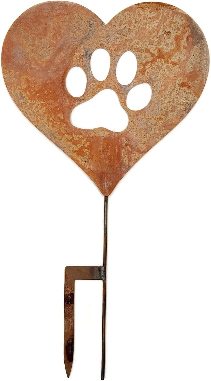 Pet Dog, Cat, Rabbit or Bird Keepsake Memorial Heart Garden Stake 20 to 28 Inches Tall (Large Heart, 28" Tall, Paw Print, Naturally Rusted)