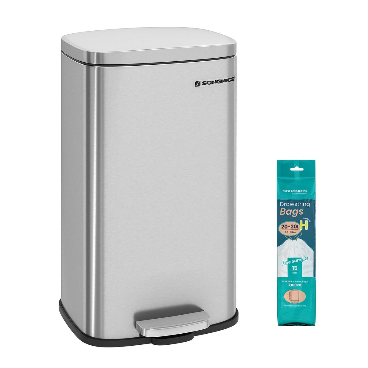 SONGMICS 20 Gallon (75 L) Trash Can, Stainless Steel, Step-On Pedal