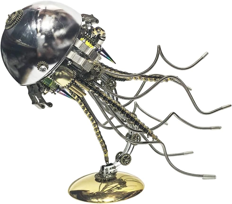 Steampunk Jellyfish Metal Model Kit, 3D Metal Mechanical Jellyfish Model Kit, DIY Assembly Desk Lamp with Adjustable Warm Light, Industrial Art Display Collectible (800+PCS)