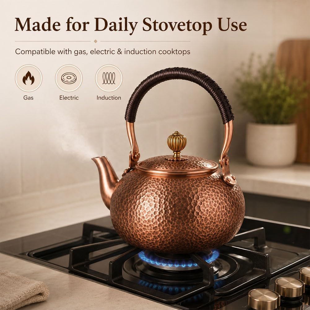 Handmade Copper Stovetop Teapot Kettle, Solid Copper Tea Kettle with Vintage Hammer Design, Thickened Household Boiling Teapot for Induction, Electric, Easy to Clean (A*1200ML)
