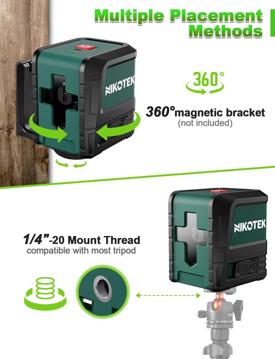 Nikotek Laser Level, Self-leveling Green Line Laser With Horizontal and Vertical Lines for Construction and Picture Hanging, Battery Included (NK01G)