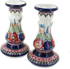 Blue Rose Polish Pottery - Green Mosaic Flower Candlestick Pair - 8" Tall - Hand-Painted Polish Pottery Ceramic Candle Holders