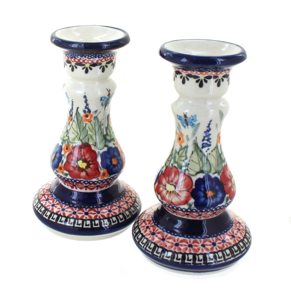 Blue Rose Polish Pottery - Green Mosaic Flower Candlestick Pair - 8" Tall - Hand-Painted Polish Pottery Ceramic Candle Holders