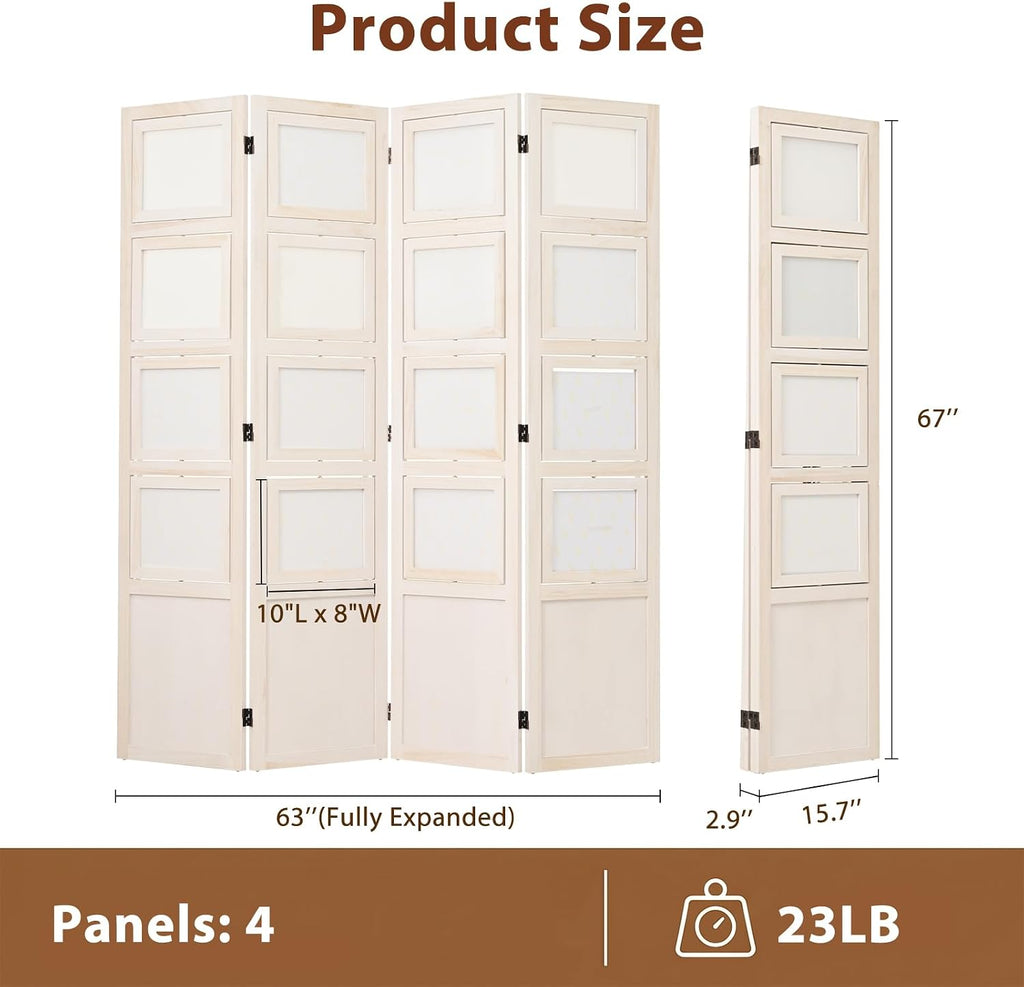 4 Panel Photo Room Divider, Folding Privacy Screen Decorative, White