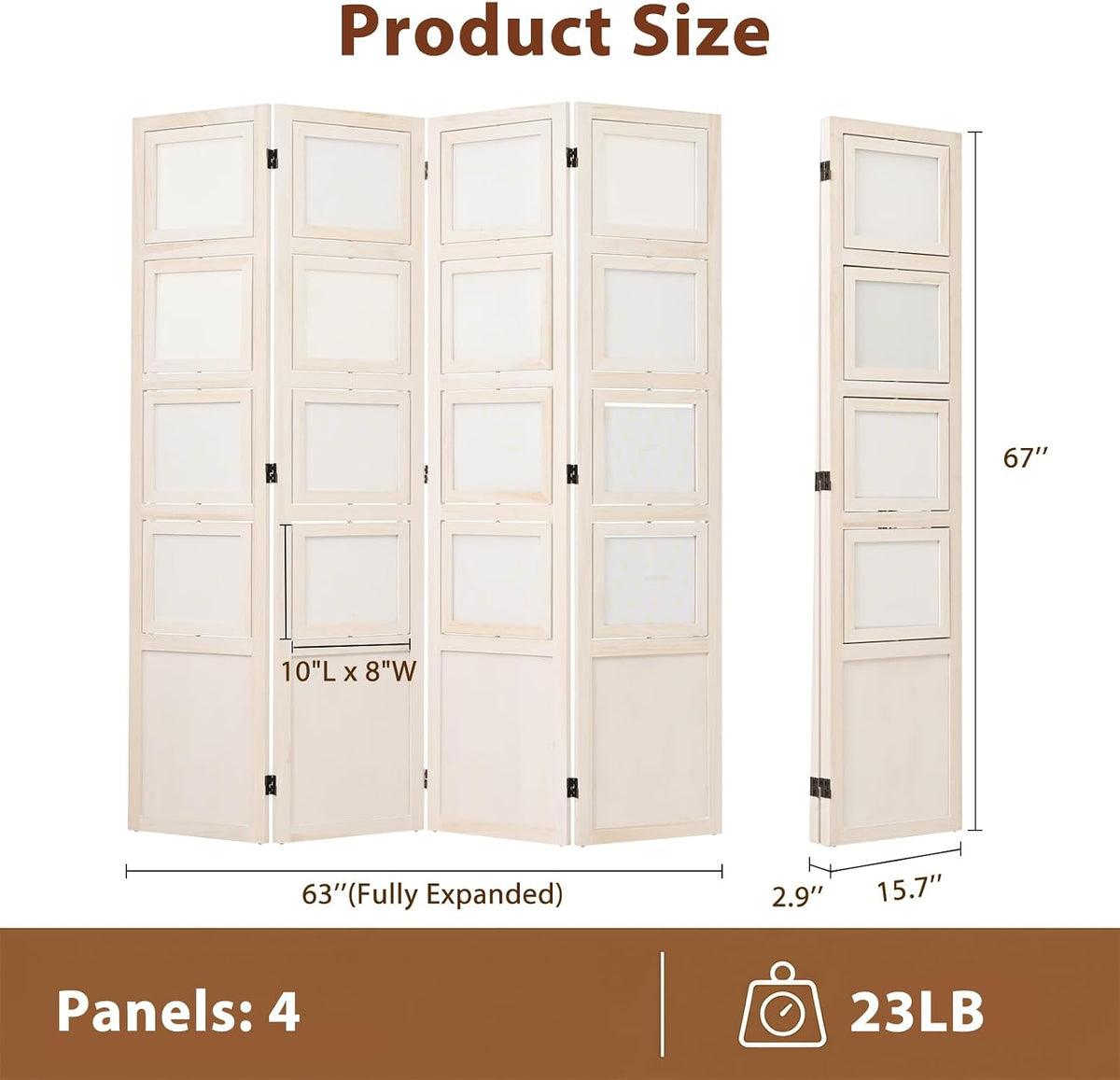 4 Panel Photo Room Divider, Folding Privacy Screen Decorative, White