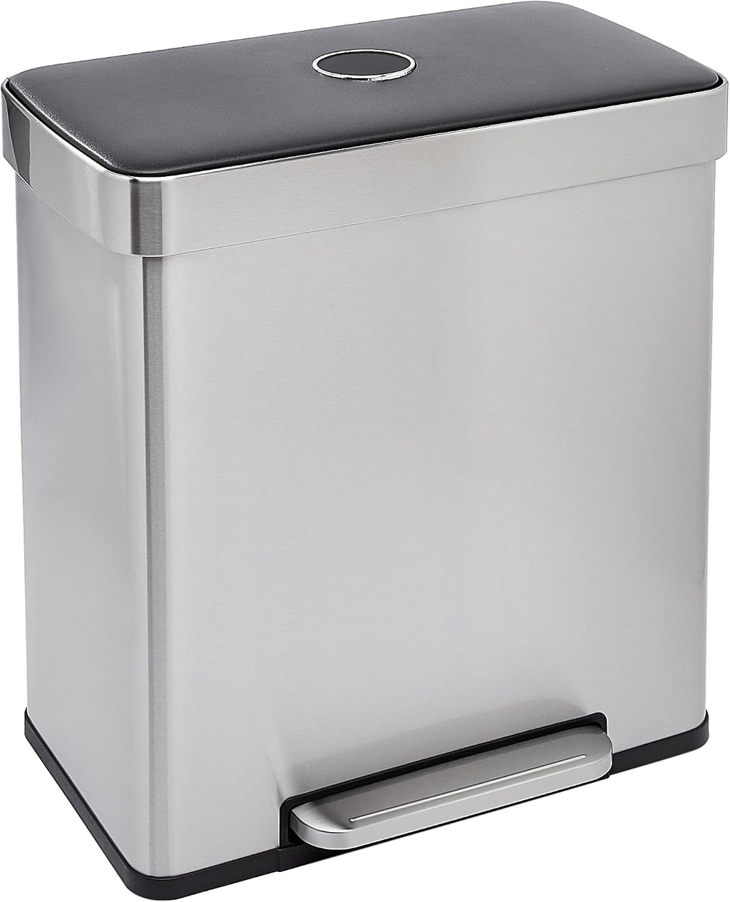 Amazon Basics Dual Compartment Recycling Trash Can with Soft-Close Lid, Fingerprint Resistant, Removable Liner Buckets, 60 Liters, Rectangular, Grey, Silver