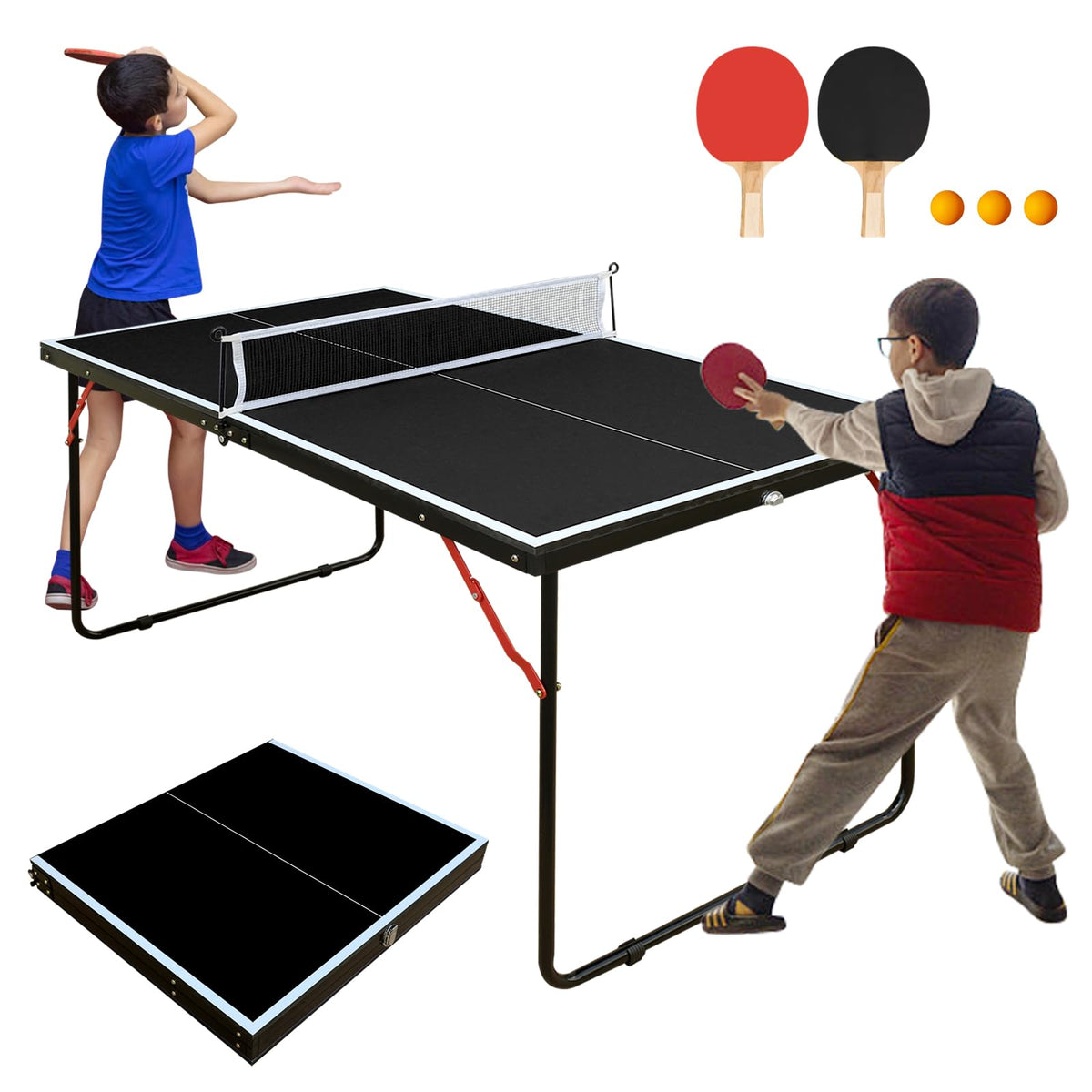 4.5/6ft/9ft Mid-Size Portable Ping Pong Tables Set, Foldable Table Tennis Table with Net,2 Paddles & 3 Balls, Multi-Use Free Standing Ping Pong Table for Indoor/Outdoor