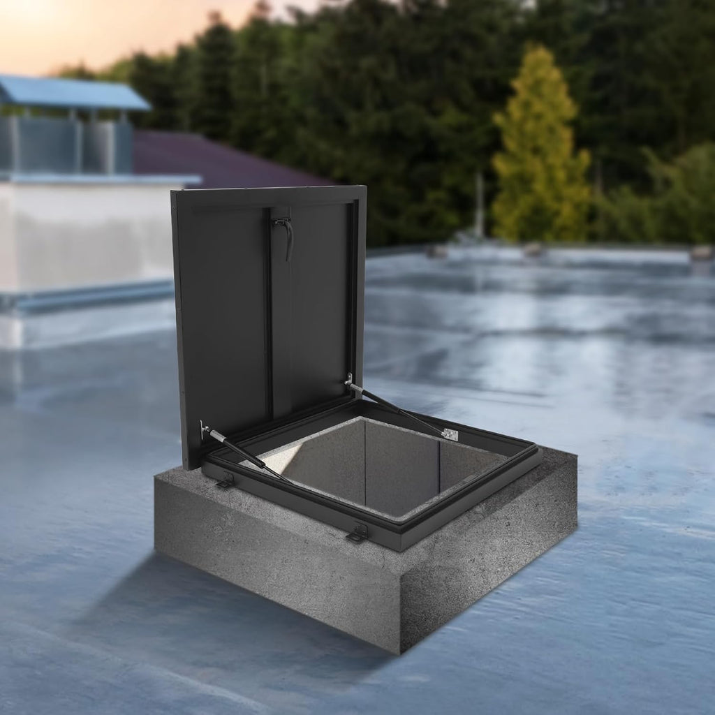 Aluminum Alloy Security Roof Hatch, 90° Hydraulic Escape Vent w/Lockable Egress Window Cover, Heavy-Duty Emergency Access Door for Attic & Commercial Buildings (23.6 * 23.6in, Black)