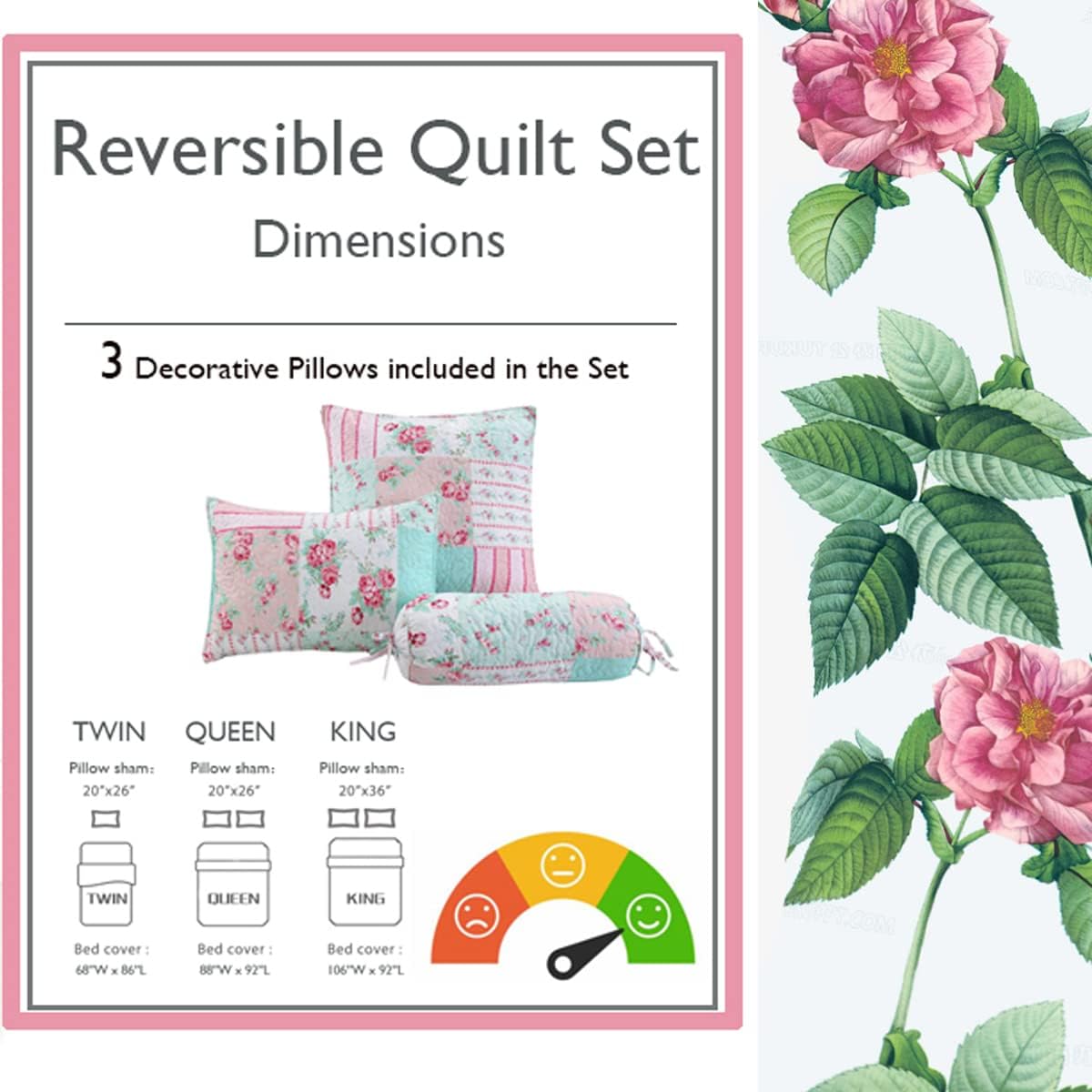 Cozy Line Home Fashions Bloom Floral Blue Rose Spring Reversible Quilt Bedding Set, Coverlet Bedspread Lightweight for All Seasons (Pink Garden, Queen - 6 Piece)