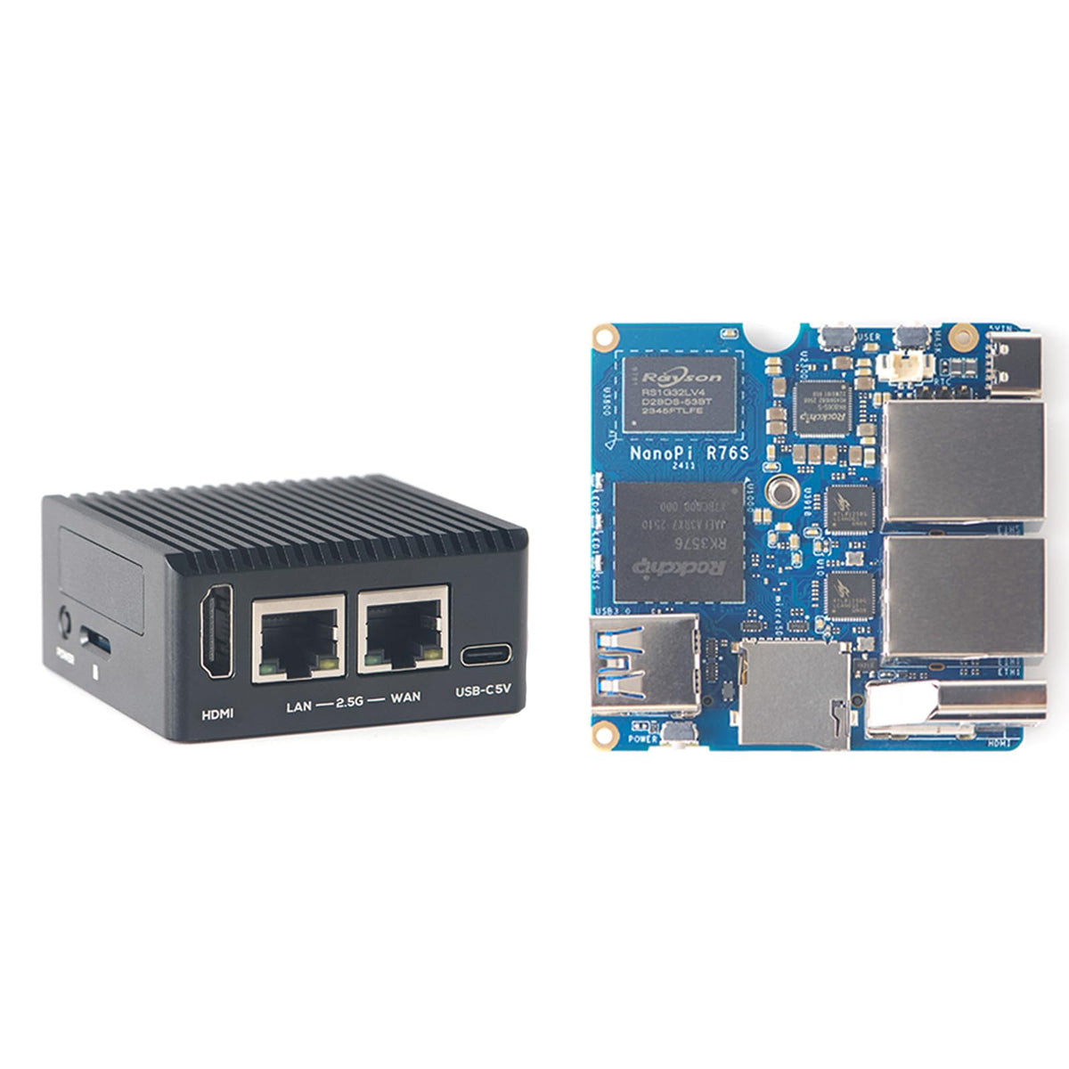 NanoPi R76S Mini Router, RK3576 Octa-Core SoC with 6TOPS NPU AI Model, LPDDR4X 4GB RAM 64GB eMMC, Dual 2.5G Ethernet, Support M.2 Wi-Fi Module (with M.2 WiFi, LPDDR4X 4GB, Power Kit)