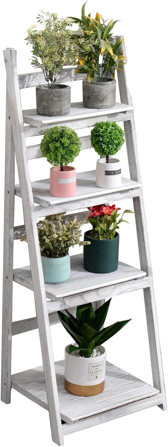 ACEHOME 4 Tier Ladder Bookshelf, 45.7 Inch Home Office Bookcase, Industrial Ladder Shelf, Freestanding Storage Organizer Rack, Solid Wood Shelf with for Bedroom, Living Room, Home Office-White