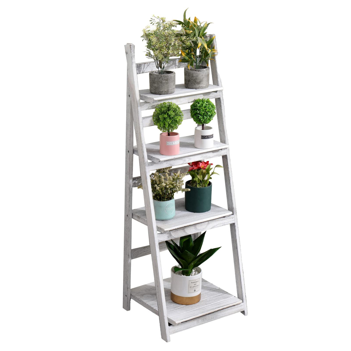 ACEHOME 4 Tier Ladder Shelf, Home Office Ladder Bookshelf 45.7 Inch, Solid Wood Bookcase, Freestanding Storage Organizer Rack, Industrial Shelf with for Bedroom, Living Room, Home Office-Black+Brown