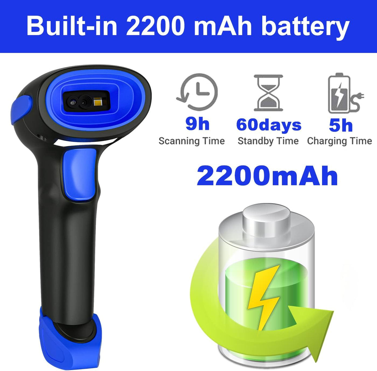 LENVII CW200 2D Barcode Scanner Wireless 2 in 1 Handhold Barcode Reader QR Code Scanner USB Bar Code Scanner for Shop use Store,Supermarket, Warehouse (Blue)