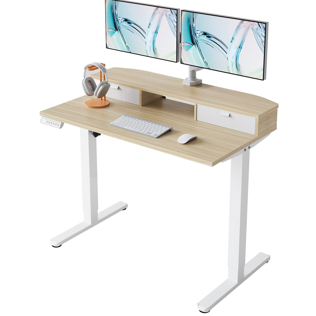 HUANUO 48″ x 28″ Electric Standing Desk with 2 Drawers, C-Clamp Mount Compatible, Height Adjustable Computer Desk, Home Office Stand Up Desk with 4 Preset Heights & 2 Hooks, Black