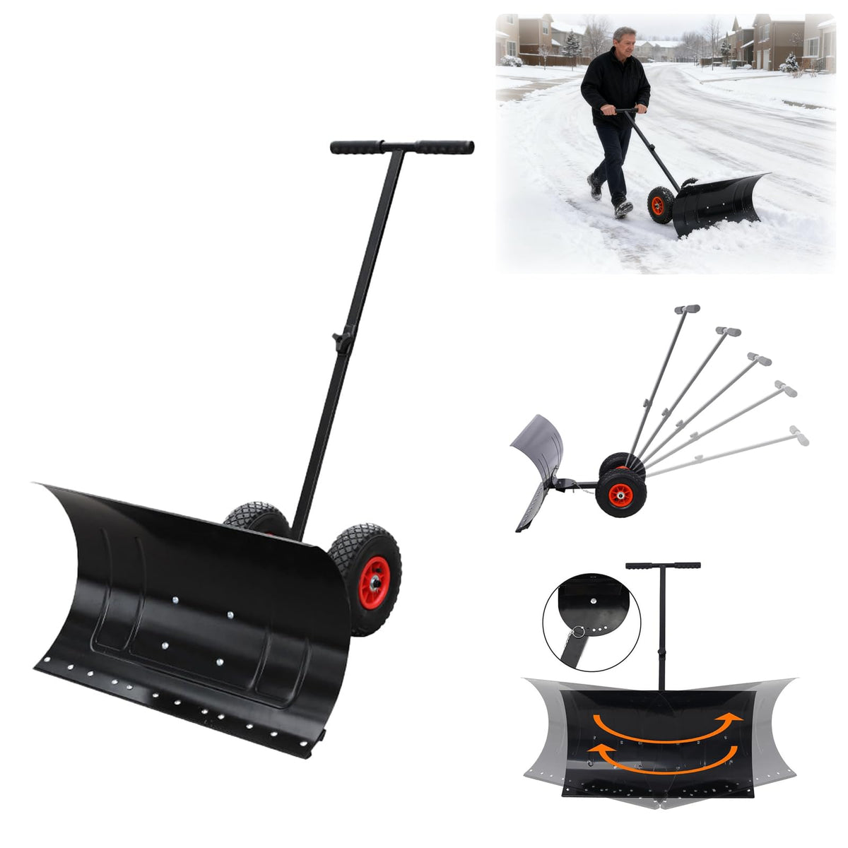 Snow Pusher with Wheels, 29" Wide Snow Shovel for Driveway, 5-Position Angle & Height Handle Ergonomic Design for Back-Save Effort Snow Removal (Single Rod-W 29'')