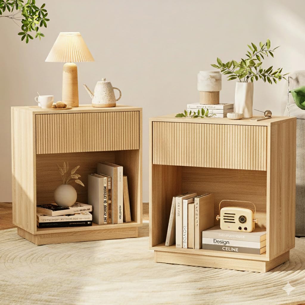 Fluted Nightstands Set of 2, Modern Bedside Table with Drawer and Storage Shelf, Wood End Table Mid Century Night Stands for Bedroom Living Room Sofa Couch Office (White+Oak)