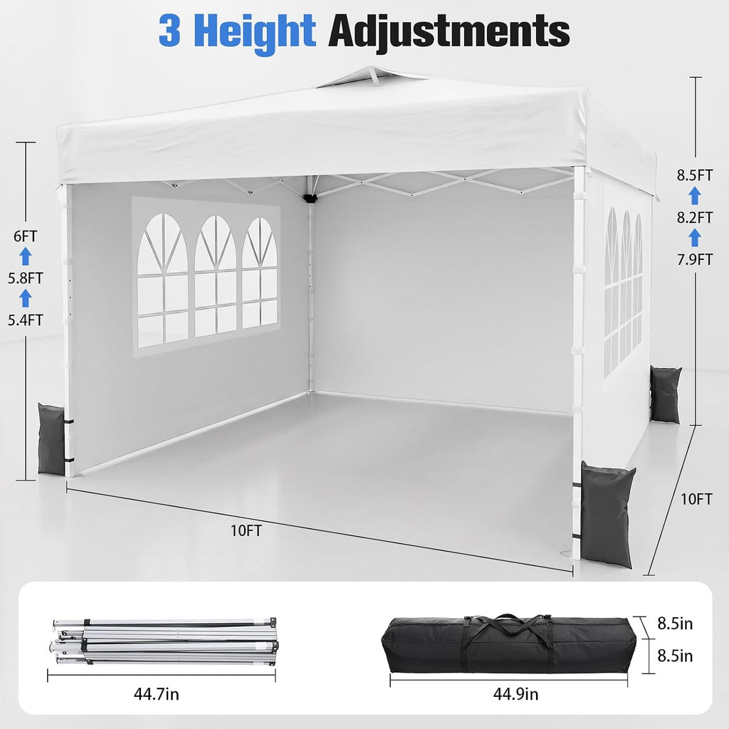 10x10 Pop Up Canopy Tent with One Push Setup, 3 Adjustable Heights, White