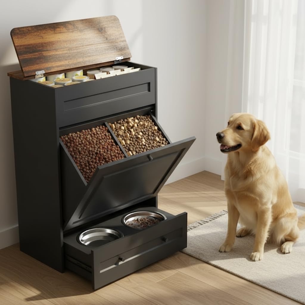 Elevated Dog Feeding Station with Storage, Pull-Out Bowls & Slow Feeder