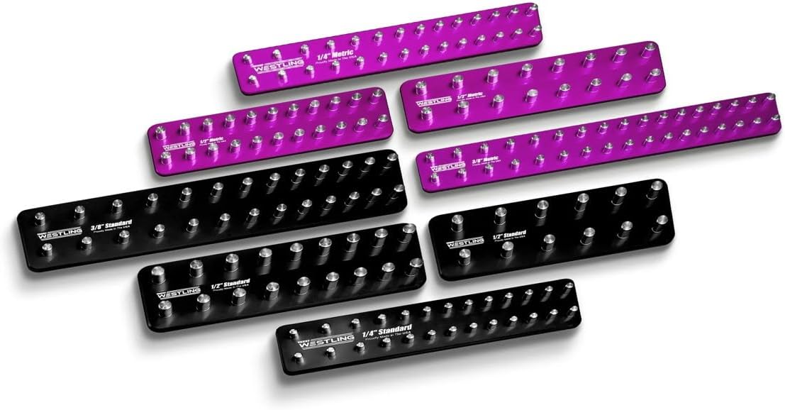 Westling USA Premium Aluminum Starter 8 Piece Socket Tray/Organizer Set, Holds 152 Standard and Metric Sockets (Black/Purple, 2 Row)