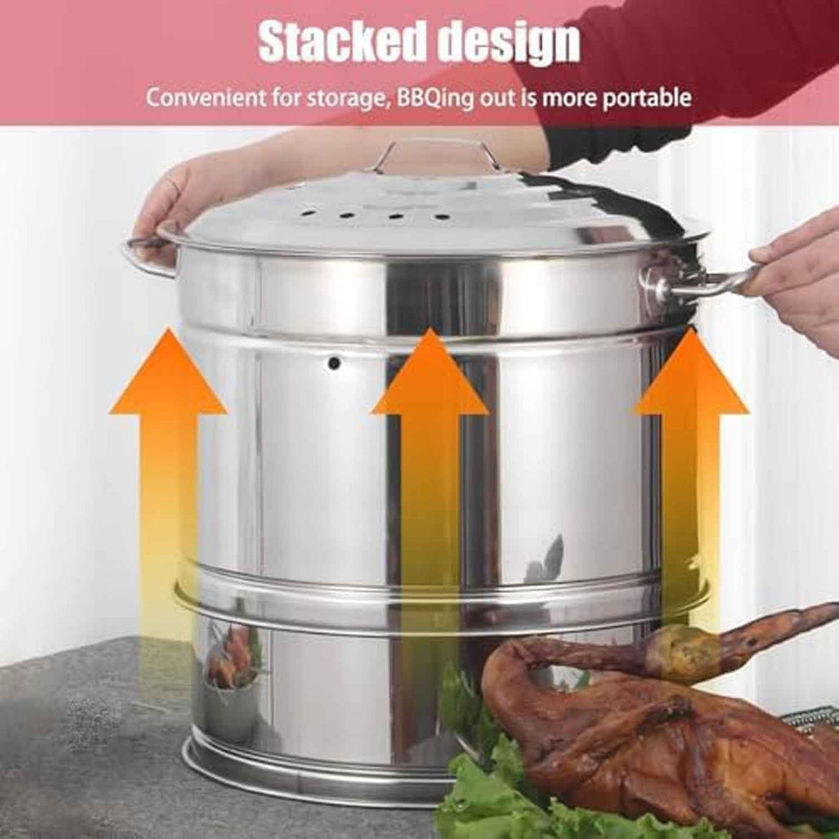 2-in-1 Heavy Duty Freestanding Charcoal BBQ Smoker - Cylinder One-piece Charcoal BBQ Grill w/3 S Hooks Can Hold 50 Skewers for Garden Camping Outdoor Cooking and Grilling
