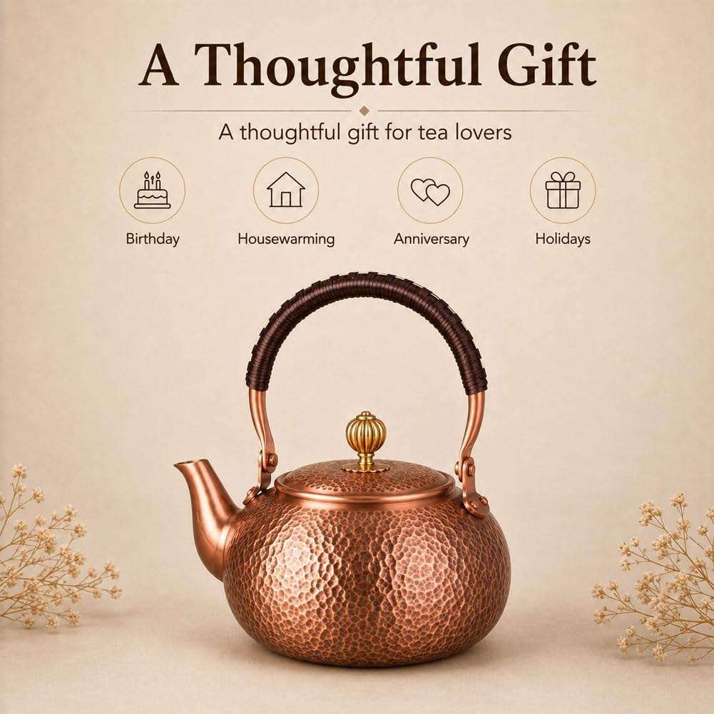 Handmade Copper Stovetop Teapot Kettle, Solid Copper Tea Kettle with Vintage Hammer Design, Thickened Household Boiling Teapot for Induction, Electric, Easy to Clean (A*1200ML)