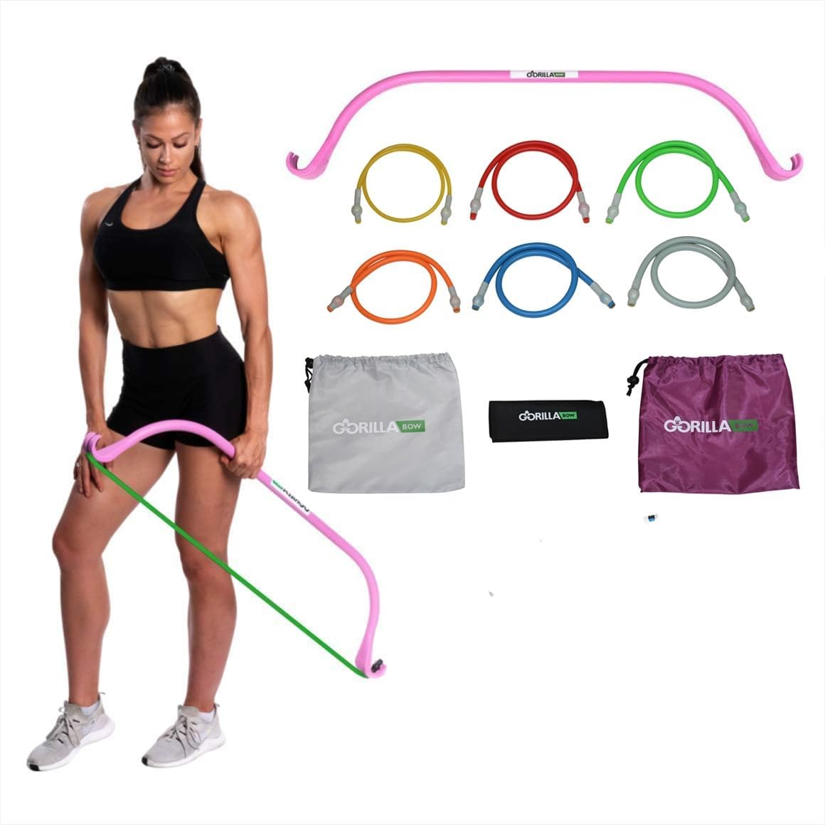 Gorilla Bow Lite All-in-One Home Gym System, Portable Resistance Band Bar for Strength Training, HIIT & Full Body Workouts, Lightweight Design for Home, Travel & Outdoor Use (Pink, Heavy Bundle)