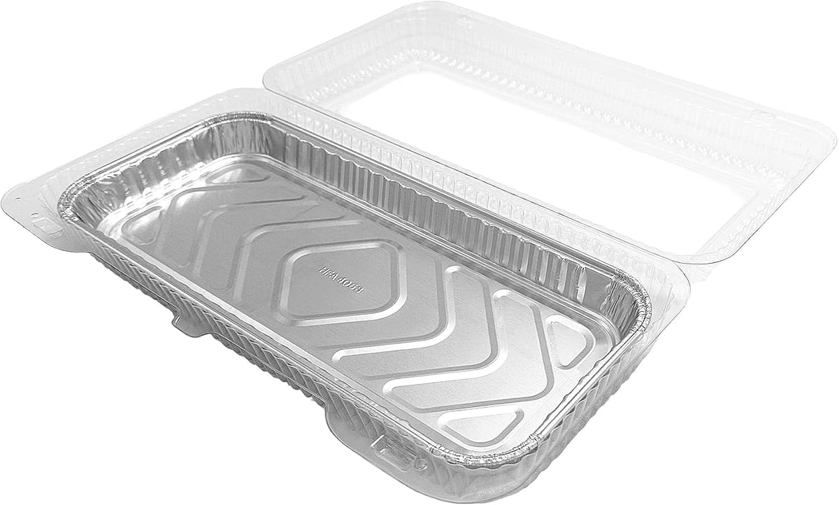 PACTOGO 12" x 5" x 1" Disposable Aluminum Foil Oblong Danish Cake Pans with Clear Hinged Lid Container - Ideal Baking Tins for Sweets, Cakes, Cookies, Brownies (Pack of 50)