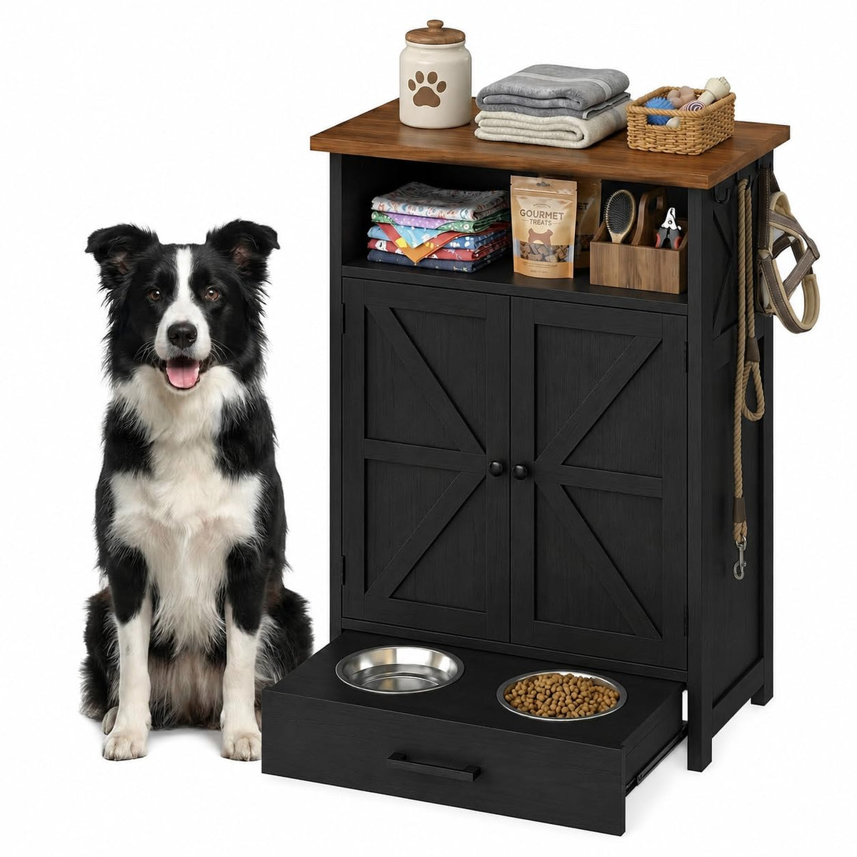 Dog Feeding Station with Storage Cabinet, Raised 2 Elevated Dog Bowls with Hidden Drawer, Pet Feeding Station with Storage, Dog Food Storage Cabinet with 3 Side Hooks, Pet Storage Station